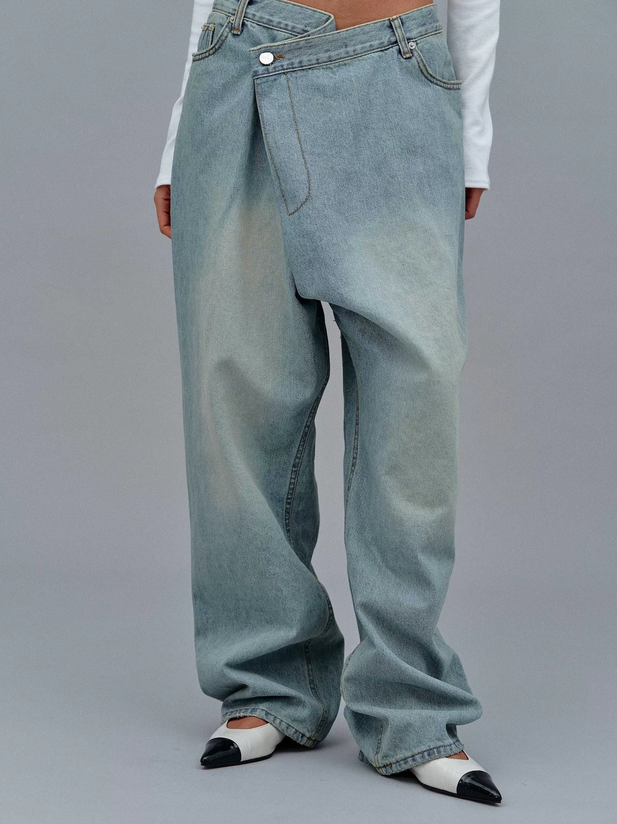 Frauen Source Unknown Asymmetrische, Verblasste Wickeljeans, Stone Wash