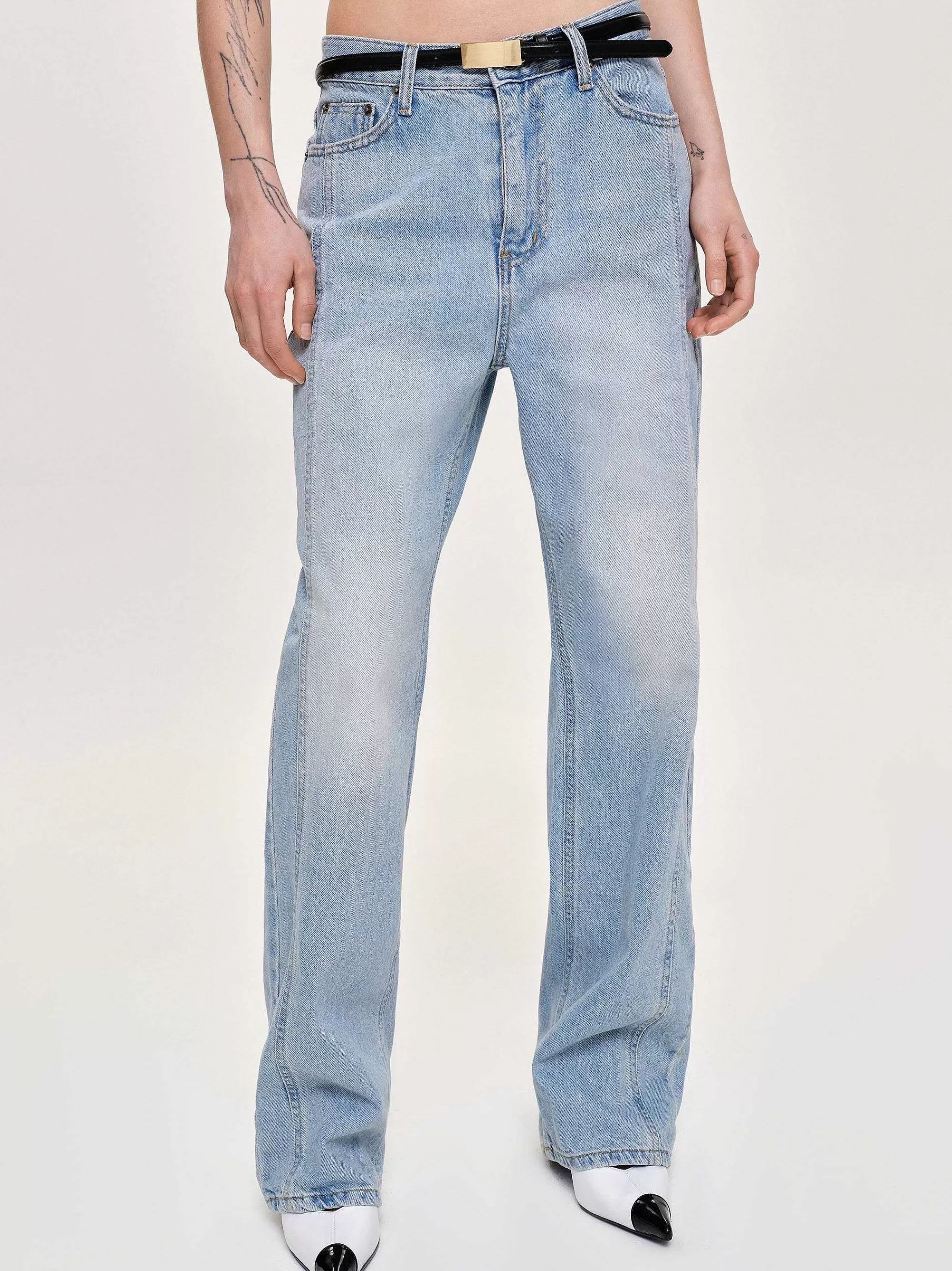 Frauen Source Unknown Gerade Jeans Mit Seitlichen Einsatzen, Hell Verwaschenes Blau